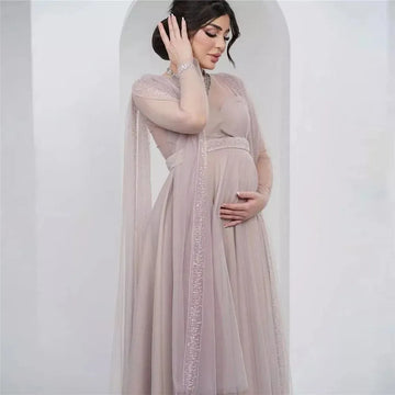 Ash Pink Maternity Prom Dress Empire Ruched Pregnant Dress Long Sleeves Plus Size Evening Party Gown As Picture