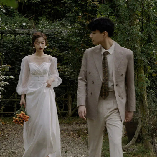 White With Small Train Satin Wedding Dress Simple Sweet Lantern Sleeve Vestido De Noiva Elegant A-line Vestido De Casamento