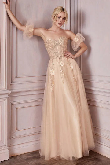 Princess 3D Flower Embroid Evening Dress Off Shoulder A-line Prom Dress Sweet Party Dress Champagne