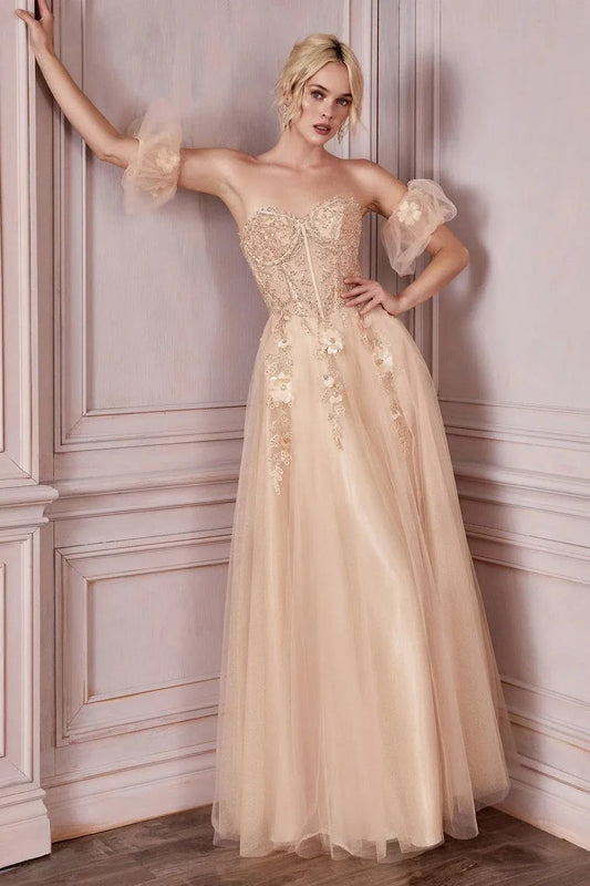 Princess 3D Flower Embroid Evening Dress Off Shoulder A-line Prom Dress Sweet Party Dress Champagne