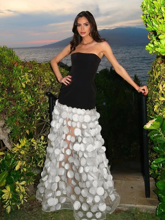 2025 Sexy Women Strapless Dot Mesh Patchwork Long Dress Patchwork Polka Dot A- Line Slim Dresses Female Evening Party Gowns
