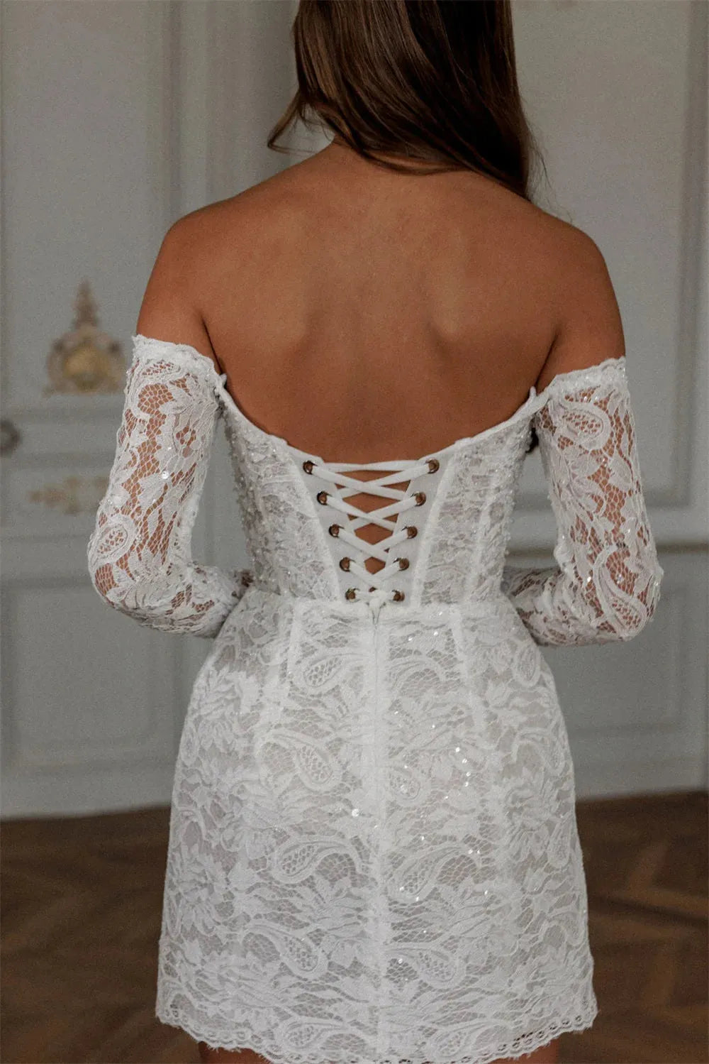 Bella White Mini Prom Dresses Off the Shoulder Lace Appliques Wedding Dress Elegant Lace-up Back Vestidos De Fiesta