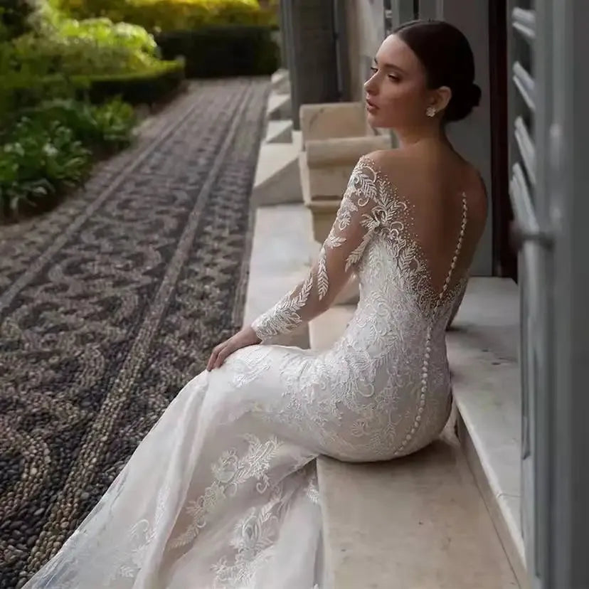Long Sleeve Mermaid Wedding Dress Sexy Deep V-neck Lace Applique Bridal Dress Vestido De Noiva Plus Size Made Custom