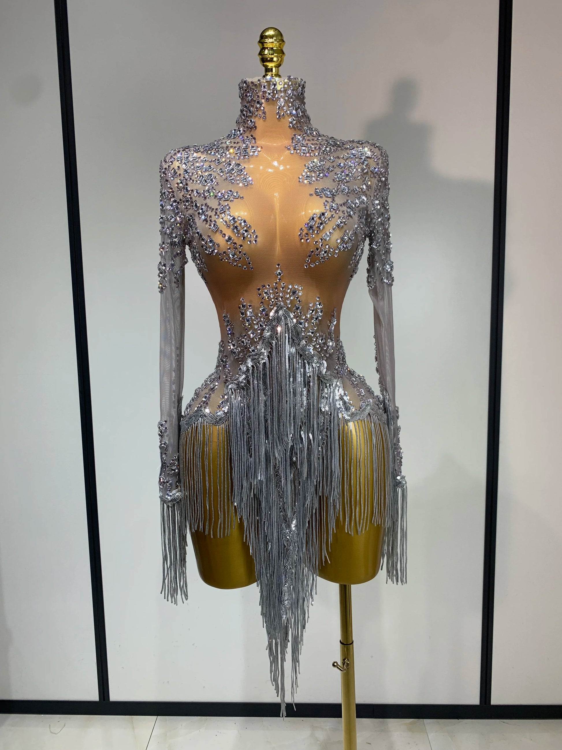 Women Sexy Long Sleeve Diamond Tassel Dress Nightclub Performance Stage Costume Celebrity Evening Party Luxury Birthday Dress Silver