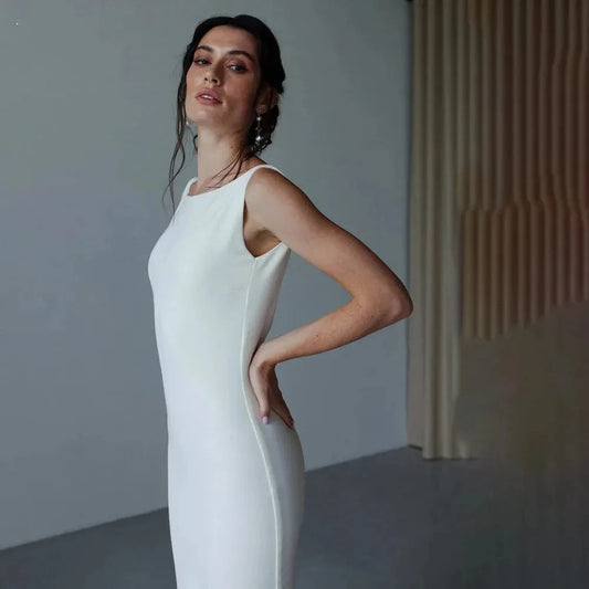 Crepe Sleeveless Simple Mermaid Wedding Dress Bride Open Beach Bride Gown Backless ButtonWomen Customize Measure Stunning