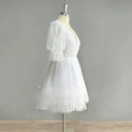 Real Photo Puff Sleeves Sparkly Tulle Mini Short Wedding Dress V Neck Backless Above Knee Shiny Bridal Gown