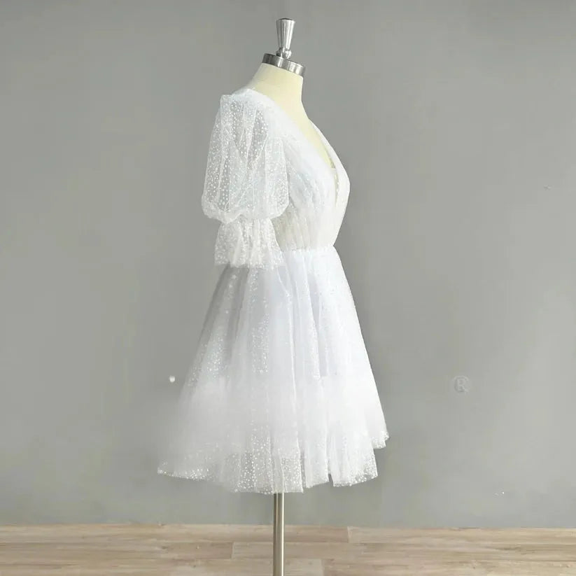 Real Photo Puff Sleeves Sparkly Tulle Mini Short Wedding Dress V Neck Backless Above Knee Shiny Bridal Gown