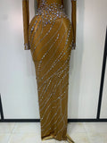 Sparkly Rhinestone Mesh Transparent Brown Long Dress Evening Party Luxury Birthday Celebrate Costume Nightclub Dancer Outfit