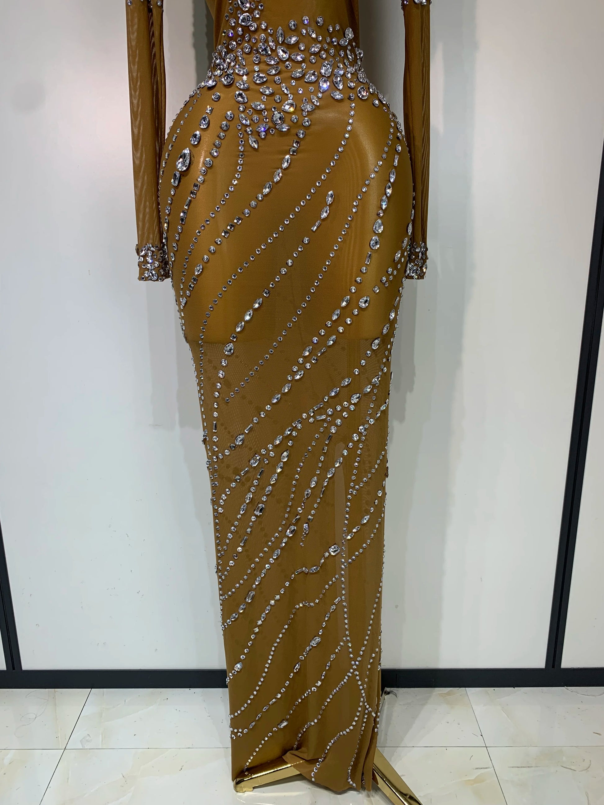 Sparkly Rhinestone Mesh Transparent Brown Long Dress Evening Party Luxury Birthday Celebrate Costume Nightclub Dancer Outfit