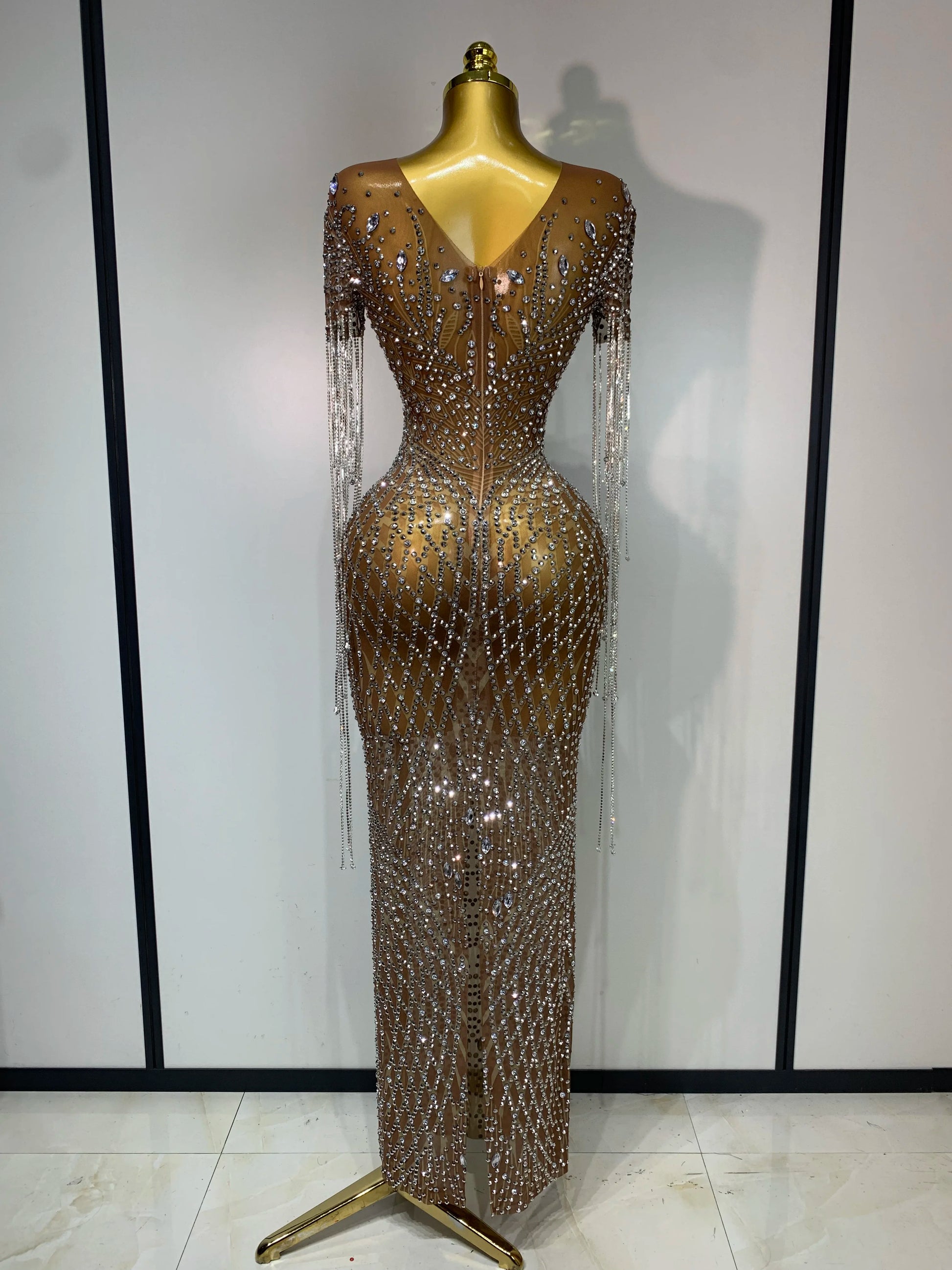 Luxury Sparkly Rhinestones Tassel Transparent Mesh Stretch Long Dress Women Evening Celebrate Birthday Dress Sexy Stage Costumes