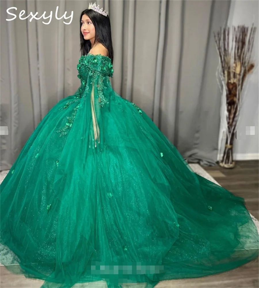 Sparkly Green Quinceanera Dresses 2025 Cape Sleeves 3D Floral Vestido 15 Quinceañeras Baratos Sixteen Birthday Partry Customized green
