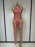 Sparkly Rhinestones Mesh See Through Jumpsuit Women Sexy Sleeveless Performance Dance Costume Birthday Nightclub Stage Outfit Pink