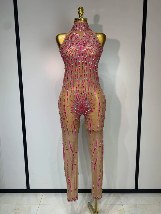 Sparkly Rhinestones Mesh See Through Jumpsuit Women Sexy Sleeveless Performance Dance Costume Birthday Nightclub Stage Outfit Pink