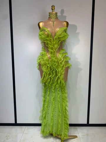 Sparkly Green Rhinestones Mesh Sheer Ruffle Maxi Long Dress Celebrate Birthday Eveing Party Nightclub Stage Performance Costumes green