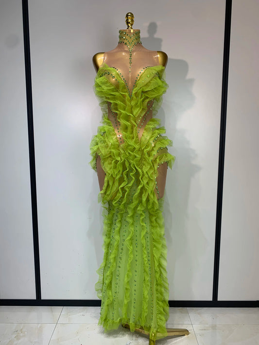 Sparkly Green Rhinestones Mesh Sheer Ruffle Maxi Long Dress Celebrate Birthday Eveing Party Nightclub Stage Performance Costumes green
