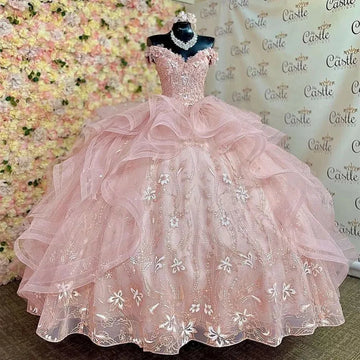Glittering Pink Quinceanera Dress Off-Shoulder Party Prom Dress Lace Applique Sweet 16 Princess Vestidos De 15 Anos Pink