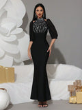 2025 Women Light Luxury Rhinestone Design Fish Tail Bandage Dress Stand Collar Lantern Sleeves Bodycon Long Dress Party Vestidos