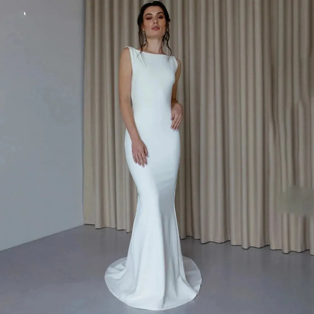 Crepe Sleeveless Simple Mermaid Wedding Dress Bride Open Beach Bride Gown Backless ButtonWomen Customize Measure Stunning