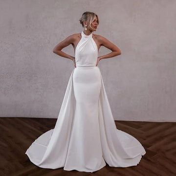 Vintage Mermaid Wedding Gowns With Detachable Train Halter Collor Brides Wedding Dresses Soft Satin Bride Party Dress White