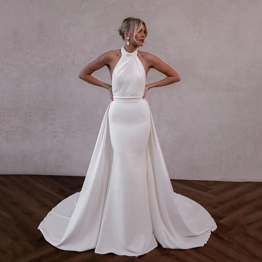 Vintage Mermaid Wedding Gowns With Detachable Train Halter Collor Brides Wedding Dresses Soft Satin Bride Party Dress White