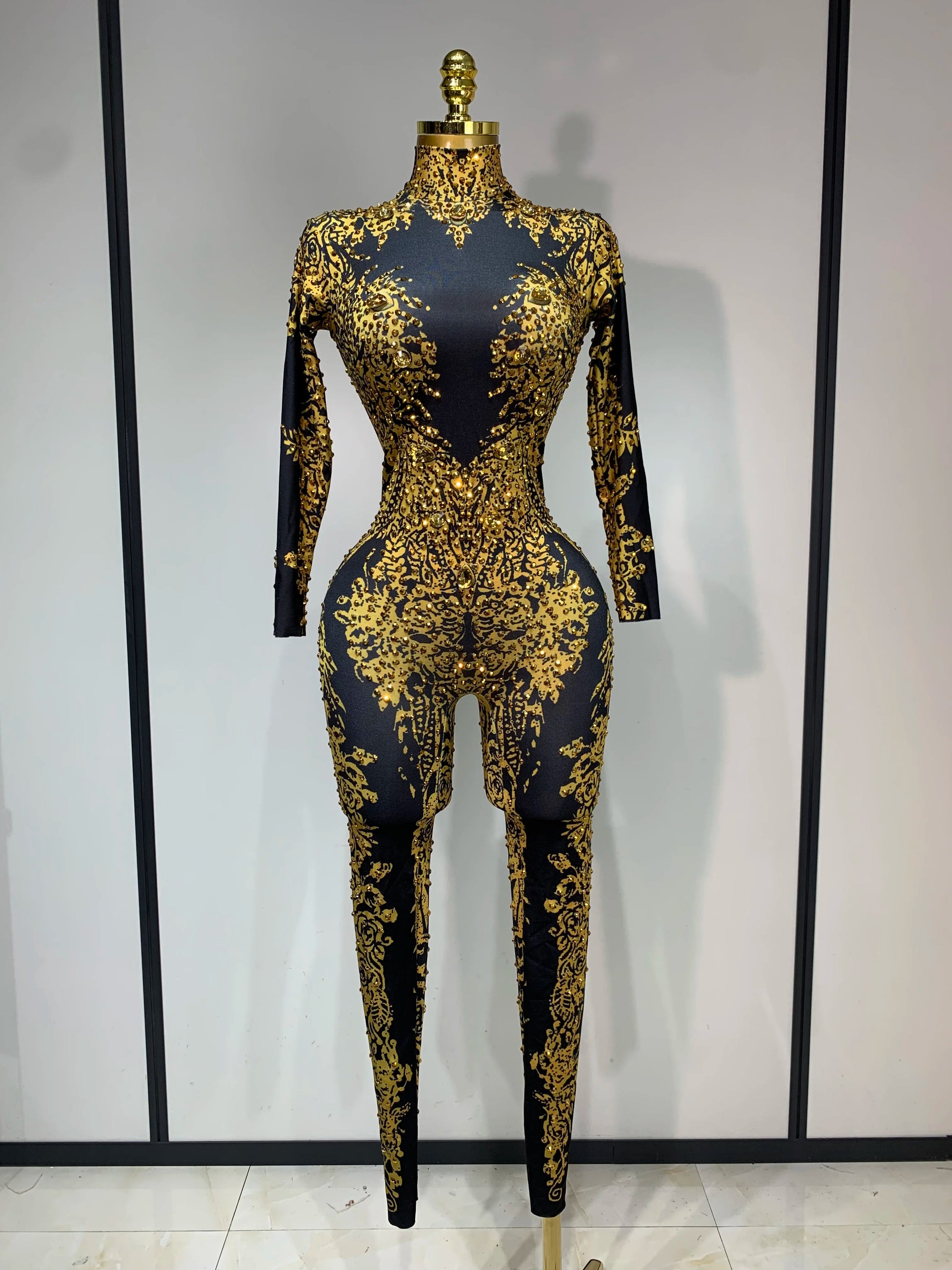 Sparkly Rhinestones Jumpsuit Fashion Sexy Stretch Dance Costume Nightclub Bodysuit Birthday Outfit Evening Party Leggings black