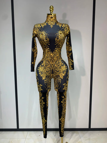 Sparkly Rhinestones Jumpsuit Fashion Sexy Stretch Dance Costume Nightclub Bodysuit Birthday Outfit Evening Party Leggings black