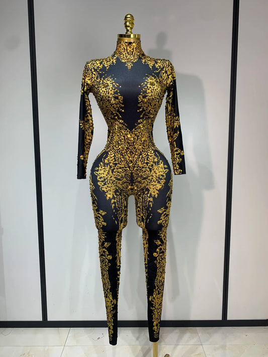 Sparkly Rhinestones Jumpsuit Fashion Sexy Stretch Dance Costume Nightclub Bodysuit Birthday Outfit Evening Party Leggings black