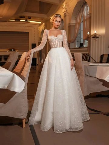 Classic Wedding Dresses A-Line Sweetheart Bridal Gowns For Formal Party Long Sleeves Robes Appliques Vestidos De Novia White