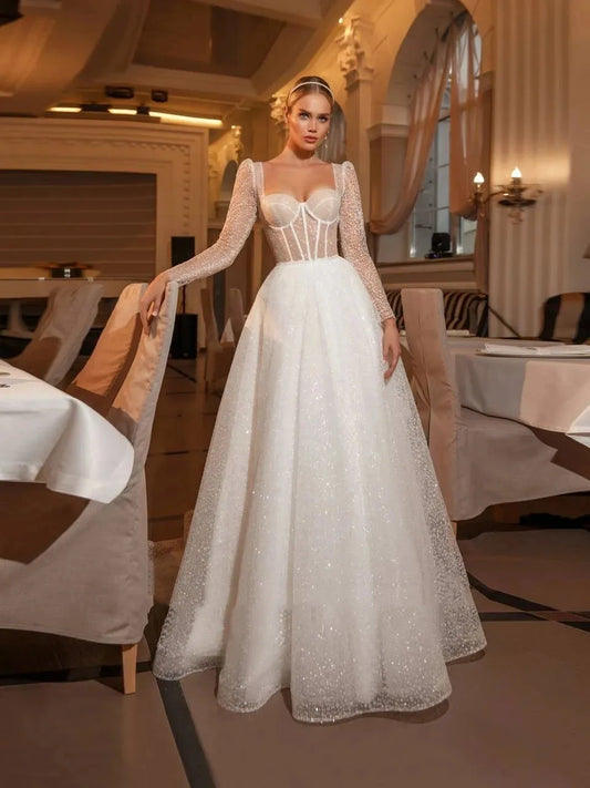 Classic Wedding Dresses A-Line Sweetheart Bridal Gowns For Formal Party Long Sleeves Robes Appliques Vestidos De Novia White