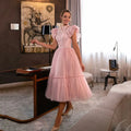 Pink Prom Dresses Tea Length A Line High Neck Saudi Arabia Graduation Formal Gown Evening robes de soirée