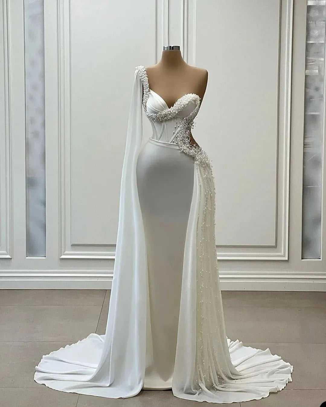 Luxury Wedding Dress Sweetheart Neck With Pearls Beads Sequins Custom Lace-Up Or Zipper Satin Mermaid Bridal Gowns Evening Dress As Picture