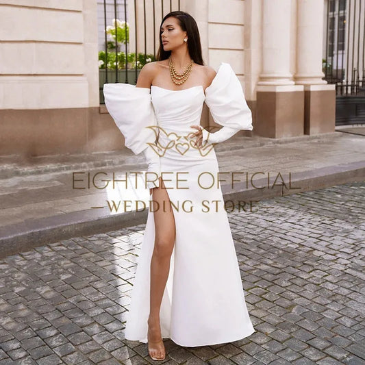 White Mermaid Wedding Dresses Strapless Long Sleeve Side Slit Bride Dress Boho Beach Wedding Prom Gown Custom Size
