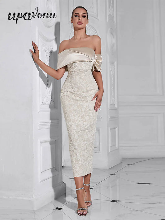 2024 Sexy Women Light Luxury Embossed Design Dress with One Collar Shoulder Bodycon Bareback Patchwork Midi Dress Party Vestidos