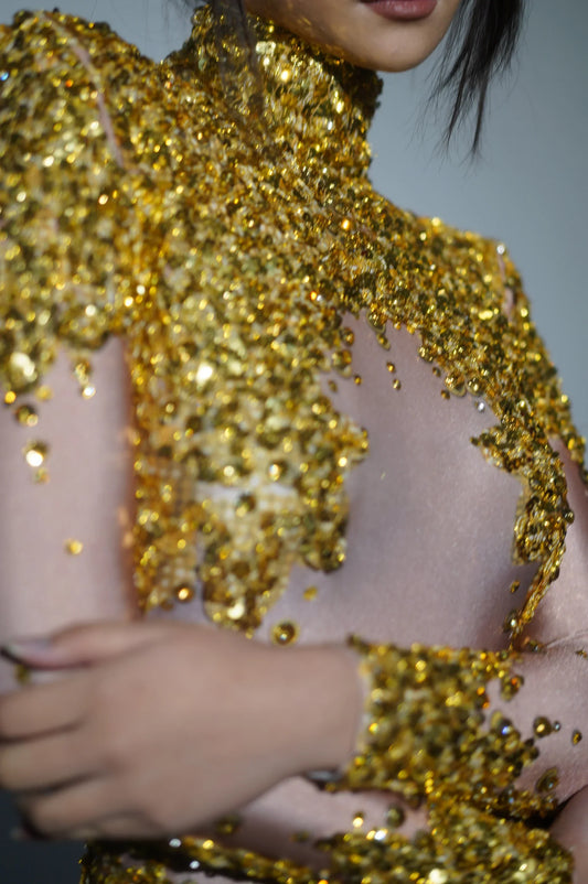 Sparkly Gold Silver Rhinestone Sequin Stretch Bodysuits Women Birthday Party Nightclub Dancer Stage Performance Costume