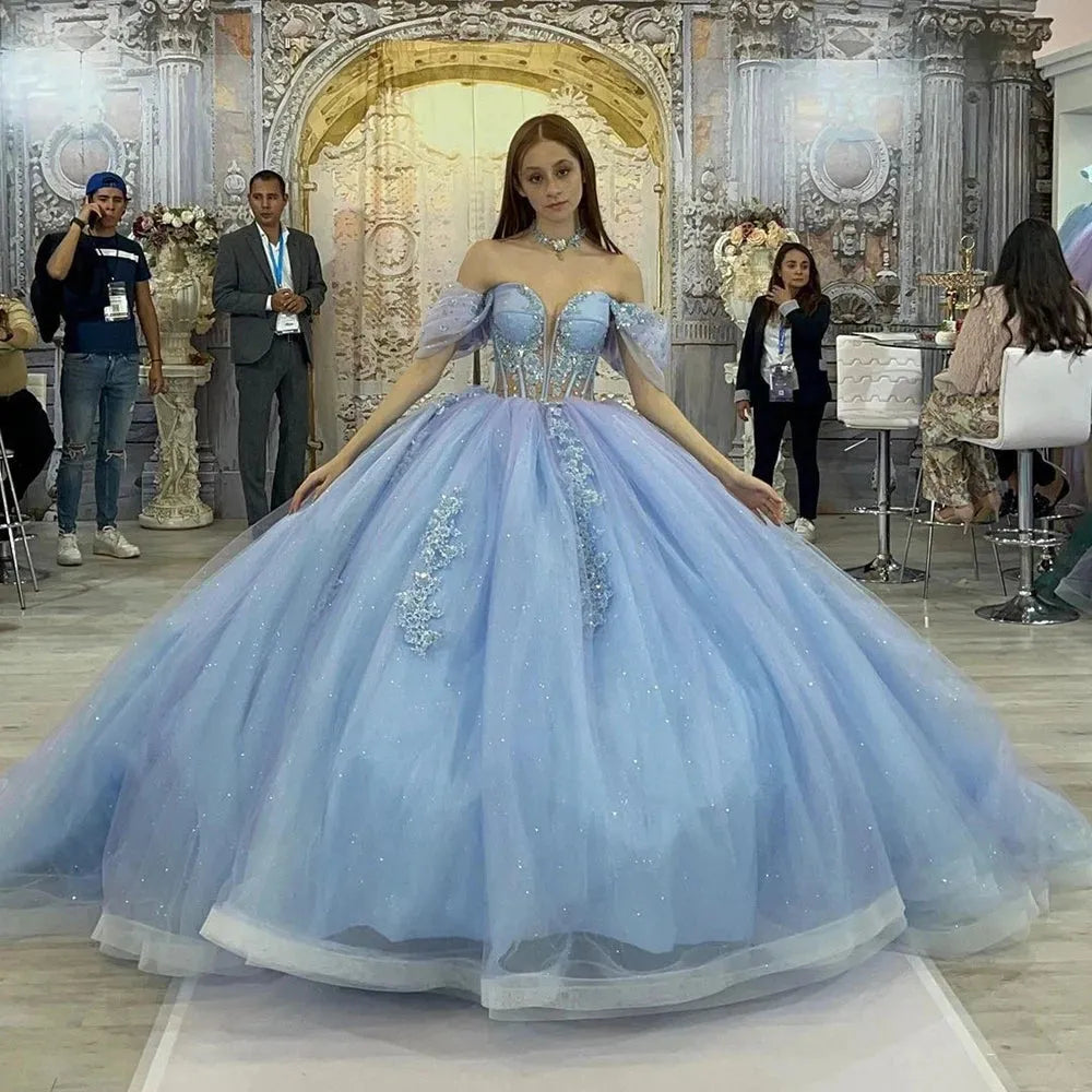 Glittering Light Blue Quinceanera Dress Off Shoulder Crystal Floral Appliqué Vestidos De 15 Anos Formal Birthday Blue