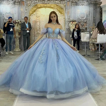 Glittering Light Blue Quinceanera Dress Off Shoulder Crystal Floral Appliqué Vestidos De 15 Anos Formal Birthday Blue