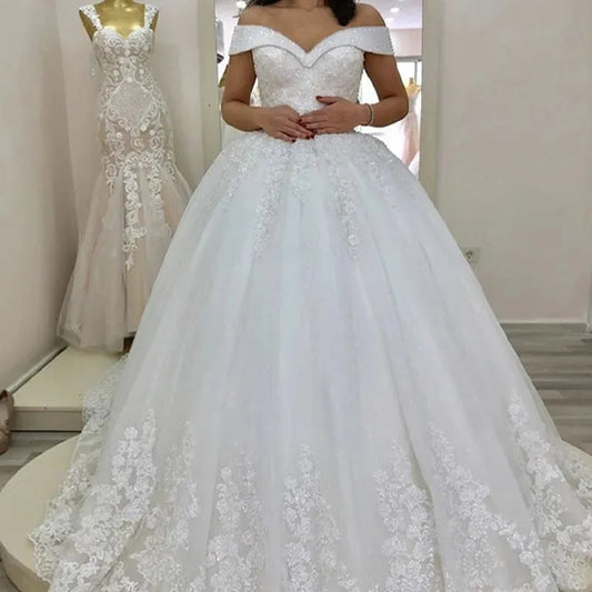 Luxury Off The Shoulder V-neck Wedding Dress Lace Diamond Beading Princess Ball Gown Wedding Dress plus size Vestido De Noiva White
