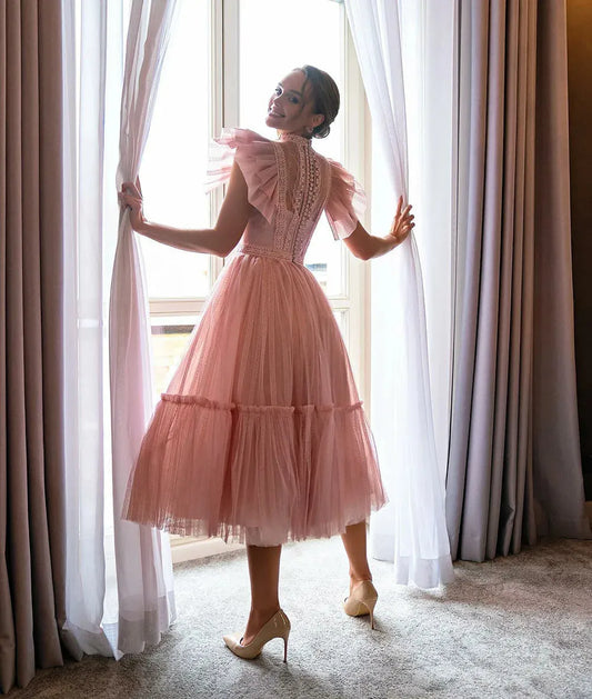 Pink Prom Dresses Tea Length A Line High Neck Saudi Arabia Graduation Formal Gown Evening robes de soirée