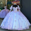 Glittering Lilac Quinceanera Dresses Floral Appliques with Bow Vestidos De 15 Anos Long Puffy Sleeves Party Prom As Picture