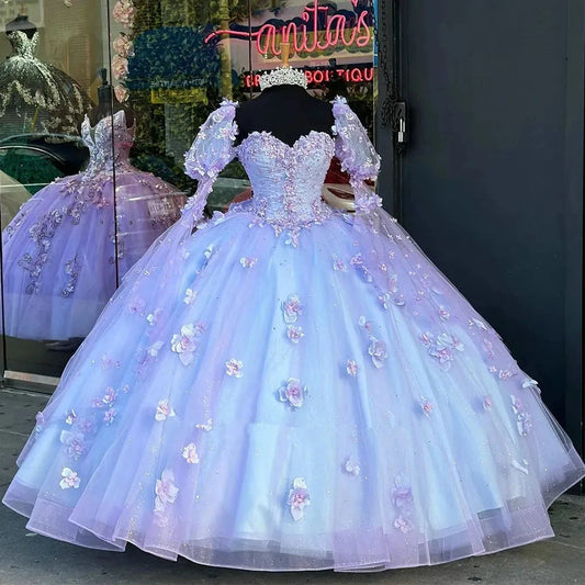 Glittering Lilac Quinceanera Dresses Floral Appliques with Bow Vestidos De 15 Anos Long Puffy Sleeves Party Prom As Picture