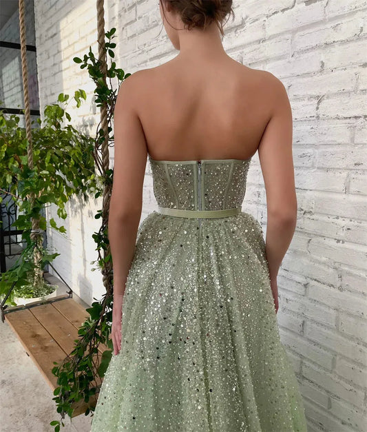 Glitter Evening Dress Shiny Strapless Prom Dress Sexy A-line Party Dress Green Sequin Side Split Prom Gown