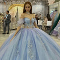 Glittering Light Blue Quinceanera Dress Off Shoulder Crystal Floral Appliqué Vestidos De 15 Anos Formal Birthday