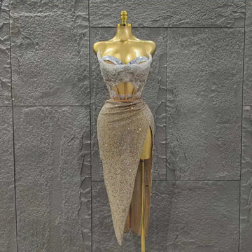 Women Sexy Strapless Shinning Crystal 2 Pieces Bodycon Mid-calf Dress Celebrate Bar Singer Performance Stage Wear Silver