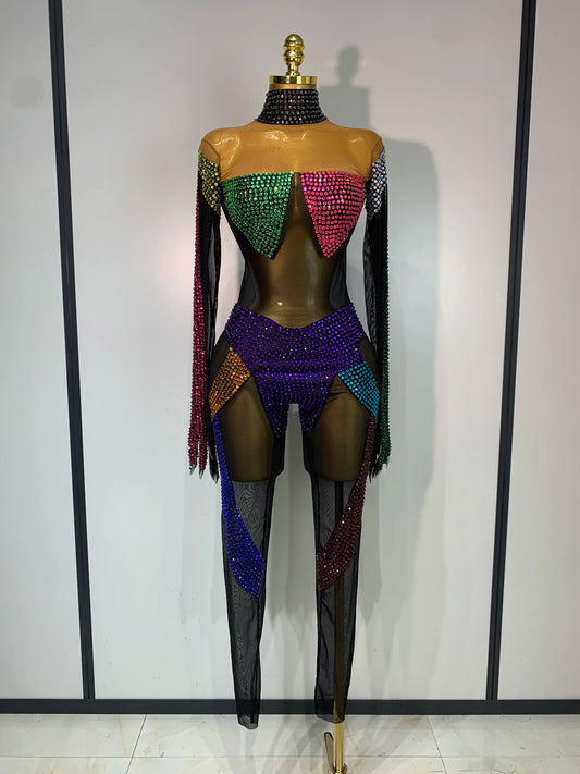 Sparkly Rhinestones Jumpsuit for Women Sexy Mesh Transparent Nightclub Outfit Luxury Birthday Party Stage Performance Costume MULTI