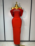 Women Sexy Off Shoulder Beading Bodycon Bandage Dress 2025 Celebrity Elegant Evening Club Party Luxury Birthday Dresses Red