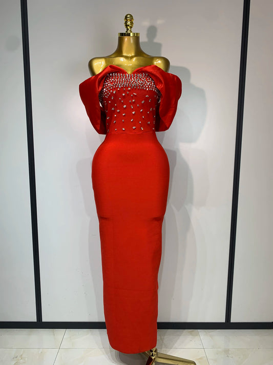 Women Sexy Off Shoulder Beading Bodycon Bandage Dress 2025 Celebrity Elegant Evening Club Party Luxury Birthday Dresses Red