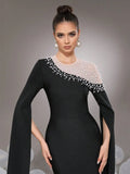 2025 Elegant Women Light Luxury Nail Bead Patchwork Bandage Dress O-Neck Extra Long Sleeve Bodycon Long Dress Club Party Vestido