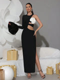 2025 Sexy Women's Bandage Dress O-neck Single Shoulder Trumpet Sleeve Fashion Hollow Flower Design Bodycon Party Long Dresses