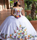 Plus Size White Quinceanera Dresses Off The Shoulder Satin Sweet 15 Dress With Colorful Embroidery Lace Up Birthday Customized