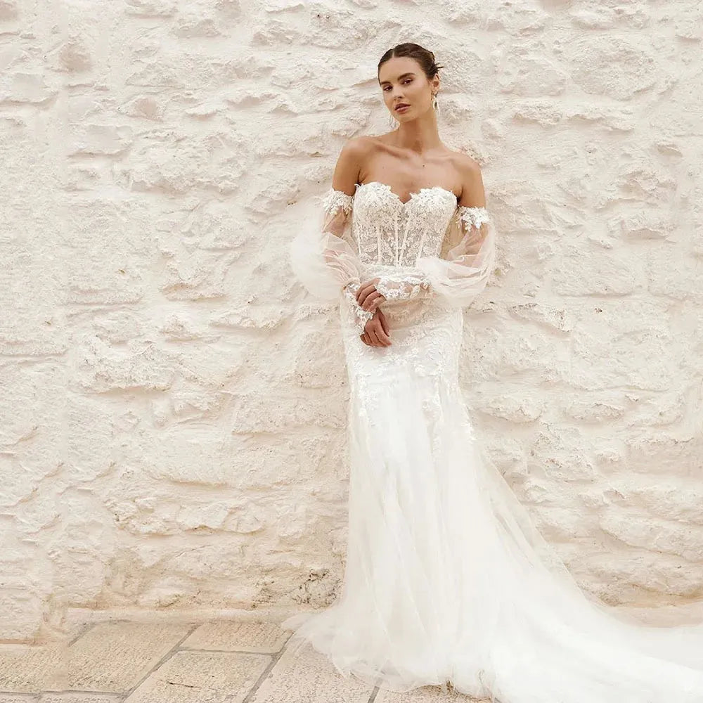 Robes de mariée sirène bohème avec manches détachables, corset en cœur